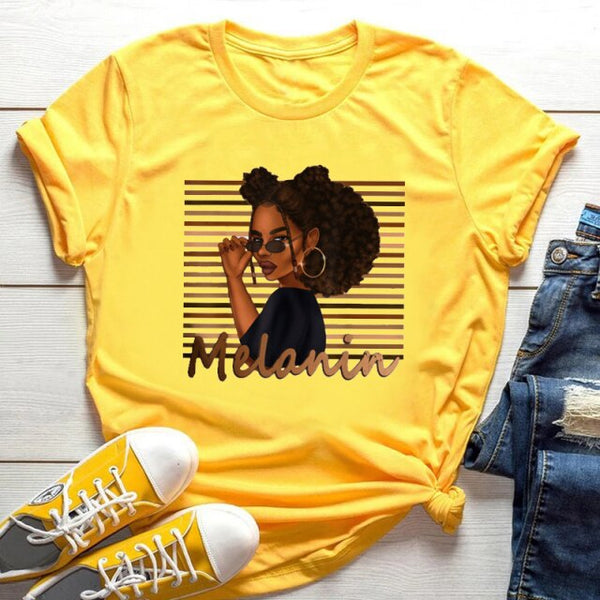 FIXSYS Kawaii Melanin T Shirt Women Funny Black African Curly Hair Girl Graphic Tees Cartoon T-shirt Aesthetic Tshirt