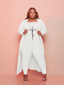 Winter Plus Size Set Elastic Faith Print Full Sleeve Long Coat Off Shoulder Jumpsuit Two 2 Piece Sets Outfit 2021 Outfits