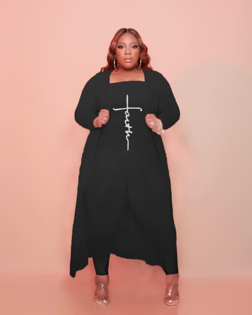 Winter Plus Size Set Elastic Faith Print Full Sleeve Long Coat Off Shoulder Jumpsuit Two 2 Piece Sets Outfit 2021 Outfits